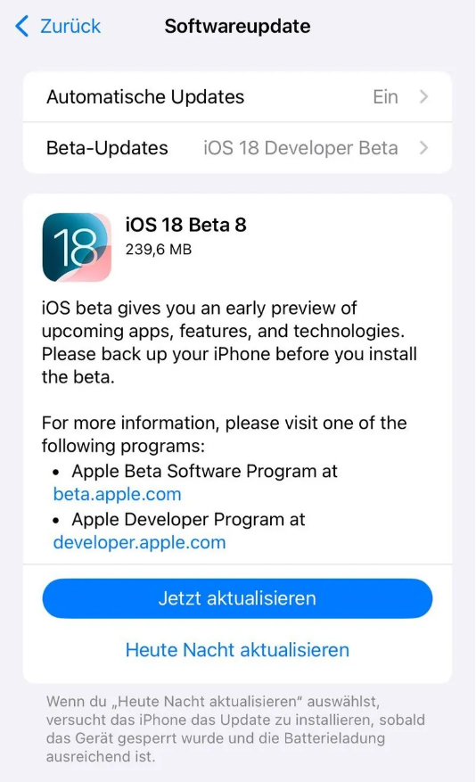 滁州苹果手机维修分享苹果 iOS / iPadOS 18 开发者预览版 Beta 8 发布 